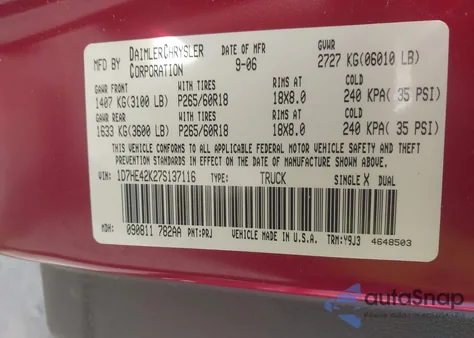 2007 Dodge Dakota Slt z USA, uszkodzony, nr VIN 1D7HE42K27S137116